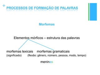 + PROCESSOS DE FORMAÇÃO DE PALAVRAS
Morfemas
Elementos mórficos – estrutura das palavras
morfemas lexicais morfemas gramaticais
(significado) (flexão: gênero, número, pessoa, modo, tempo)
meninas
 