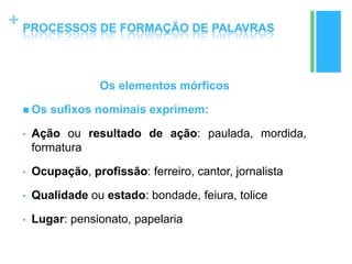 +
Os elementos mórficos
 Os sufixos nominais exprimem:
• Ação ou resultado de ação: paulada, mordida,
formatura
• Ocupação, profissão: ferreiro, cantor, jornalista
• Qualidade ou estado: bondade, feiura, tolice
• Lugar: pensionato, papelaria
PROCESSOS DE FORMAÇÃO DE PALAVRAS
 