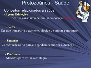 Protozoários - Saúde
Conceitos relacionados à saúde
- Agente Etiológico
Ser que causa uma determinada doença (parasita)
- Vetor
Ser que transporta o agente etiológico de um ser para outro
- Sintomas
Conseqüências do parasita (podem denunciar a doença)
- Profilaxia
Métodos para evitar o contágio
 