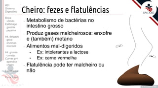 Prof. Kyoshi Beraldo
©
Cheiro: fezes e flatulências
• Metabolismo de bactérias no
intestino grosso
• Produz gases malcheirosos: enxofre
e (também) metano
• Alimentos mal-digeridos
• Ex: intolerantes a lactose
• Ex: carne vermelha
• Flatulência pode ter malcheiro ou
não
#01
Sistema
Digestório
Boca
vômito
Estômago
gastrite
pepsina
Int. delgado
geral
enzimas
microvili
Int. grosso
constip.
Curvas pH
apendice
cheiro
Feedbacks
Flora intest.
 
