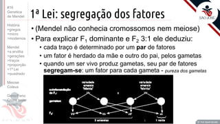 Prof. Kyoshi Beraldo
©
1ª Lei: segregação dos fatores
• (Mendel não conhecia cromossomos nem meiose)
• Para explicar F1 dominante e F2 3:1 ele deduziu:
• cada traço é determinado por um par de fatores
• um fator é herdado da mãe e outro do pai, pelos gametas
• quando um ser vivo produz gametas, seu par de fatores
segregam-se: um fator para cada gameta - pureza dos gametas
Prof. Kyoshi Beraldo
©
#16
Genetica
de Mendel
História
>gregos
>micro
>modernos
Mendel
>a ervilha
>gerações
>traços
>proporção
>1ª Lei
>quadrado
Meiose
Coleus
Geno/Feno
Cruza teste
Heredog
 