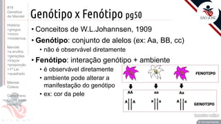 Prof. Kyoshi Beraldo
©
Genótipo x Fenótipo pg50
• Conceitos de W.L.Johannsen, 1909
• Genótipo: conjunto de alelos (ex: Aa, BB, cc)
• não é observável diretamente
• Fenótipo: interação genótipo + ambiente
• é observável diretamente
• ambiente pode alterar a
manifestação do genótipo
• ex: cor da pele
Prof. Kyoshi Beraldo
©
#16
Genetica
de Mendel
História
>gregos
>micro
>modernos
Mendel
>a ervilha
>gerações
>traços
>proporção
>1ª Lei
>quadrado
Meiose
Coleus
Geno/Feno
Cruza teste
Heredog
 