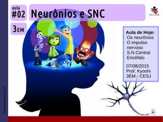 Imagem:www.b9.com.br
Neurônios e SNC
3EM
#02
aula
07/08/2015
Prof. Kyoshi
3EM - CESJ
Aula de Hoje:
• Os neurônios
• O impulso
nervoso
• S.N.Central
• Encéfalo
 