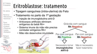 ©
Eritroblastose: tratamento
• Tipagem sanguínea (intra-uterina) do Feto
• Tratamento no parto da 1ª gestação
• Injeção de imunoglobulina anti-D
• Anticorpos artificiais eliminam
antígenos do bebê Rh+
• Sistema imune da mãe não precisa
combater antígenos Rh+
• Mãe não desenvolve imunidade
#17 Alelos
Probabilid.
Os alelos
Herança
>Recessiva
>Dominan.
Tipos
>Incomp.
>Codom.
>Pleiotrop.
>Letais
>Multiplos
Sangue
>ABzero
>RH
>MN
Probabild.
>e
>ou
 