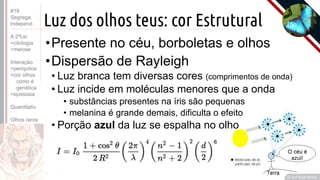 ©
Luz dos olhos teus: cor Estrutural
•Presente no céu, borboletas e olhos
•Dispersão de Rayleigh
• Luz branca tem diversas cores (comprimentos de onda)
• Luz incide em moléculas menores que a onda
• substâncias presentes na íris são pequenas
• melanina é grande demais, dificulta o efeito
• Porção azul da luz se espalha no olho
Prof. Kyoshi Beraldo
©
#18
Segrega.
independ.
A 2ºLei
>citologia
>meiose
Interação
>periquitos
>cor olhos
como é
genética
>epistasia
Quantitativ.
Olhos raros
 