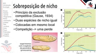 ©
Sobreposição de nicho
• Princípio da exclusão
competitiva (Gause, 1934)
• Duas espécies de nicho igual
• Colocadas em mesmo local
• Competição -> uma perde
Prof. Kyoshi Beraldo
©
experimentos
com 2 espécies
de paramécio
(protozoário)
#20
Introdução
Ecologia
Níveis
Habitat
>perda
>fragmenta
Nicho
>sobrepõe
Cadeia
Teia
>urubus
Ciclo
Fluxo
Pirâmides
>vegeta
Produtiv.
 