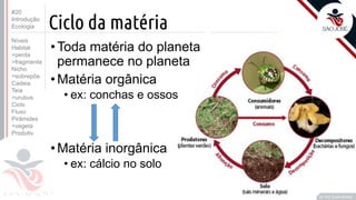 ©
Ciclo da matéria
Prof. Kyoshi Beraldo
©
•Toda matéria do planeta
permanece no planeta
•Matéria orgânica
• ex: conchas e ossos
•Matéria inorgânica
• ex: cálcio no solo
#20
Introdução
Ecologia
Níveis
Habitat
>perda
>fragmenta
Nicho
>sobrepõe
Cadeia
Teia
>urubus
Ciclo
Fluxo
Pirâmides
>vegeta
Produtiv.
 