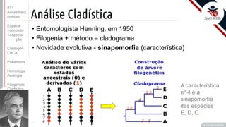 Prof. Kyoshi Beraldo
©
Análise Cladística
• Entomologista Henning, em 1950
• Filogenia + método = cladograma
• Novidade evolutiva - sinapomorfia (característica)
A característica
nº 4 é a
sinapomorfia
das espécies
E, D, C
#14
Ancestralid.
comum
Espécie
>conceito
>especia-
ção
Cladogên.
LUCA
Pokemons
Homologia
Analogia
Filogenias
Cladistica
 