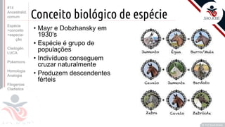 Prof. Kyoshi Beraldo
©
Conceito biológico de espécie
• Mayr e Dobzhansky em
1930's
• Espécie é grupo de
populações
• Indivíduos conseguem
cruzar naturalmente
• Produzem descendentes
férteis
#14
Ancestralid.
comum
Espécie
>conceito
>especia-
ção
Cladogên.
LUCA
Pokemons
Homologia
Analogia
Filogenias
Cladistica
 