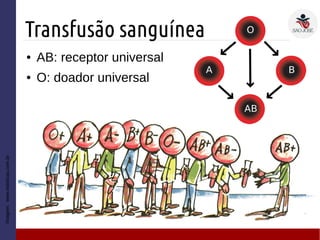 Transfusão sanguínea
Imagem:www.esteticas.com.br
● AB: receptor universal
● O: doador universal
 