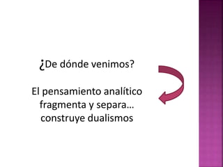 ¿De dónde venimos? 
El pensamiento analítico 
fragmenta y separa… 
construye dualismos 
 