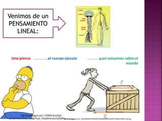 Venimos de un 
PENSAMIENTO 
LINEAL: 
Uno piensa el cuerpo ejecuta y así actuamos sobre el 
mundo 
http://2.bp.blogspot.com/_YVZNhEJEvyI/SpZ-Jtb7s6I/ 
AAAAAAAAA_U/xBLPTjzS_T4/s320/Homero%2520Phetntps://a3n.bdp.ob.loggisfpot.com/_1j5aYKWqcd4/TI04tYeOF2I/AAAAAAAAACk/oICEYcVeMJI/s1600/1+ley.png 
 