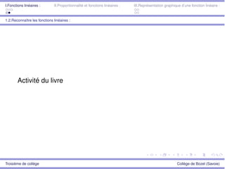 I.Fonctions linéaires : II.Proportionnalité et fonctions linéaires : III.Représentation graphique d’une fonction linéaire :
1.2.Reconnaître les fonctions linéaires :
Activité du livre
Troisième de collège Collège de Bozel (Savoie)
 