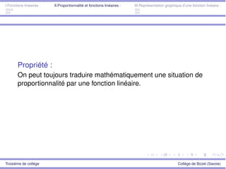 I.Fonctions linéaires : II.Proportionnalité et fonctions linéaires : III.Représentation graphique d’une fonction linéaire :
Propriété :
On peut toujours traduire mathématiquement une situation de
proportionnalité par une fonction linéaire.
Troisième de collège Collège de Bozel (Savoie)
 