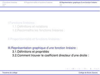 I.Fonctions linéaires : II.Proportionnalité et fonctions linéaires : III.Représentation graphique d’une fonction linéaire :
I.Fonctions linéaires :
1.1.Déﬁnitions et notations
1.2.Reconnaître les fonctions linéaires :
II.Proportionnalité et fonctions linéaires :
III.Représentation graphique d’une fonction linéaire :
3.1.Déﬁnitions et propriétés
3.2.Comment trouver le coefﬁcient directeur d’une droite :
Troisième de collège Collège de Bozel (Savoie)
 