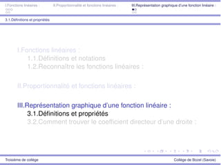 I.Fonctions linéaires : II.Proportionnalité et fonctions linéaires : III.Représentation graphique d’une fonction linéaire :
3.1.Déﬁnitions et propriétés
I.Fonctions linéaires :
1.1.Déﬁnitions et notations
1.2.Reconnaître les fonctions linéaires :
II.Proportionnalité et fonctions linéaires :
III.Représentation graphique d’une fonction linéaire :
3.1.Déﬁnitions et propriétés
3.2.Comment trouver le coefﬁcient directeur d’une droite :
Troisième de collège Collège de Bozel (Savoie)
 