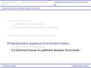 I.Fonctions linéaires : II.Proportionnalité et fonctions linéaires : III.Représentation graphique d’une fonction linéaire :
3.2.Comment trouver le coefﬁcient directeur d’une droite :
I.Fonctions linéaires :
1.1.Déﬁnitions et notations
1.2.Reconnaître les fonctions linéaires :
II.Proportionnalité et fonctions linéaires :
III.Représentation graphique d’une fonction linéaire :
3.1.Déﬁnitions et propriétés
3.2.Comment trouver le coefﬁcient directeur d’une droite :
Troisième de collège Collège de Bozel (Savoie)
 