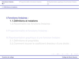 I.Fonctions linéaires : II.Proportionnalité et fonctions linéaires : III.Représentation graphique d’une fonction linéaire :
1.1.Déﬁnitions et notations
I.Fonctions linéaires :
1.1.Déﬁnitions et notations
1.2.Reconnaître les fonctions linéaires :
II.Proportionnalité et fonctions linéaires :
III.Représentation graphique d’une fonction linéaire :
3.1.Déﬁnitions et propriétés
3.2.Comment trouver le coefﬁcient directeur d’une droite :
Troisième de collège Collège de Bozel (Savoie)
 