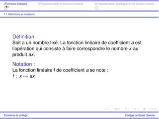 I.Fonctions linéaires : II.Proportionnalité et fonctions linéaires : III.Représentation graphique d’une fonction linéaire :
1.1.Déﬁnitions et notations
Déﬁnition
Soit a un nombre ﬁxé. La fonction linéaire de coefﬁcient a est
l’opération qui consiste à faire correspondre le nombre x au
produit ax.
Notation :
La fonction linéaire f de coefﬁcient a se note :
f : x 7! ax
Troisième de collège Collège de Bozel (Savoie)
 