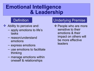 Emotional Intelligence  & Leadership People who are more sensitive to their emotions & their impact on others will be more effective leaders Underlying Premise  Definition  Ability to perceive and :   apply emotions to life’s tasks reason/understand emotions express emotions use emotions to facilitate thinking manage emotions within oneself & relationships 