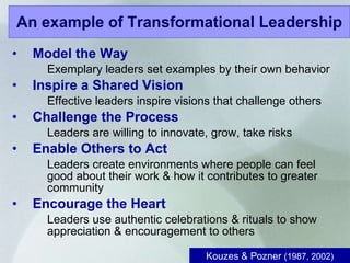 An example of Transformational Leadership Model the Way Exemplary leaders set examples by their own behavior Inspire a Shared Vision Effective leaders inspire visions that challenge others  Challenge the Process Leaders are willing to innovate, grow, take risks Enable Others to Act Leaders create environments where people can feel good about their work & how it contributes to greater community Encourage the Heart Leaders use authentic celebrations & rituals to show appreciation & encouragement to others Kouzes & Pozner  (1987, 2002) 