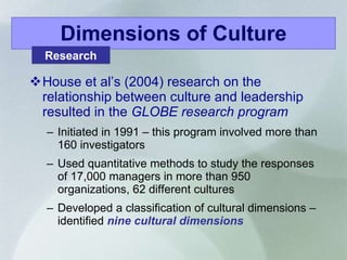 Dimensions of Culture House et al’s (2004) research on the relationship between culture and leadership resulted in the  GLOBE research program Initiated in 1991 – this program involved more than 160 investigators Used quantitative methods to study the responses of 17,000 managers in more than 950 organizations, 62 different cultures Developed a classification of cultural dimensions – identified  nine cultural dimensions Research 