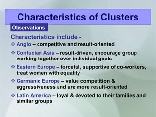 Characteristics include -  Anglo  – competitive and result-oriented Confucian Asia  – result-driven, encourage group working together over individual goals Eastern Europe  – forceful, supportive of co-workers, treat women with equality Germanic Europe  – value competition & aggressiveness and are more result-oriented Latin America  – loyal & devoted to their families and similar groups Characteristics of Clusters Observations  