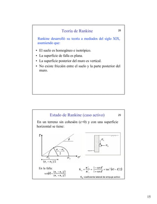 15
Teoría de Rankine 28
Rankine desarrolló su teoría a mediados del siglo XIX,
asumiendo que:
• El suelo es homogéneo e isotrópico.
• La superficie de falla es plana.
• La superficie posterior del muro es vertical.
• No existe fricción entre el suelo y la parte posterior del
muro.
Estado de Rankine (caso activo)
( )
2
45
tan
sen
1
sen
1
'
'
K 2
h
a φ
φ
φ
σ
σ
−
=
+
−
=
=
v
( )
2
)
(
2
)
(
sen
h
v
h
v
σ
σ
σ
σ
φ
+
−
=
29
En un terreno sin cohesión (c=0) y con una superficie
horizontal se tiene:
Ka: coeficiente lateral de empuje activo
En la falla:
 