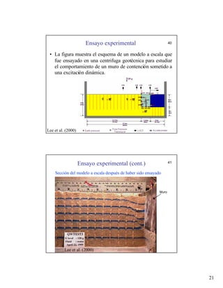 21
Ensayo experimental 40
Lee et al. (2000)
• La figura muestra el esquema de un modelo a escala que
fue ensayado en una centrifuga geotécnica para estudiar
el comportamiento de un muro de contención sometido a
una excitación dinámica.
Ensayo experimental (cont.) 41
Lee et al. (2000)
Muro
Sección del modelo a escala después de haber sido ensayado
 