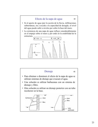 23
Efecto de la napa de agua 44
• Si el aporte de agua (por la acción de la lluvia, infiltraciones
subterráneas, etc.) excede a la capacidad de desagüe, el nivel
del agua puede subir a niveles por sobre la base del muro.
• La existencia de una napa de agua influye considerablemente
en el empuje sobre el muro y por ende en la estabilidad de la
estructura.
sat
v
h '
'
K
u
' σ
σ
σ
σ =
−
=
Drenaje 45
• Para eliminar o disminuir el efecto de la napa de agua se
utilizan sistemas de drenaje que evacuen el agua.
• Una solución es utilizar barbacanas con un sistema de
drenaje y filtro.
• Otra solución es utilizar un drenaje posterior con un tubo
recolector en la base.
barbacana dren
filtro
filtro
dren
tubo
perforado
 