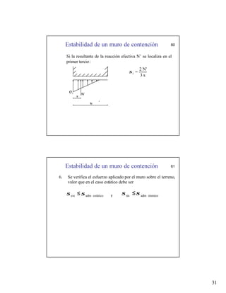 31
Estabilidad de un muro de contención 60
Si la resultante de la reacción efectiva N’ se localiza en el
primer tercio:
x
3
N'
2
=
1
σ
x
3x
N’
σ1
Estabilidad de un muro de contención 61
6. Se verifica el esfuerzo aplicado por el muro sobre el terreno,
valor que en el caso estático debe ser
estático
adm
est σ
σ ≤ sísmico
adm
sis σ
σ ≤
y
 