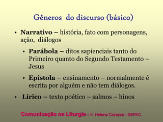 Gêneros do discurso (básico)
• Narrativo – história, fato com personagens,
  ação, diálogos
  • Parábola – ditos sapienciais tanto do
    Primeiro quanto do Segundo Testamento –
    Jesus
  • Epístola – ensinamento – normalmente é
    escrita por alguém e não tem diálogos.
• Lírico – texto poético – salmos – hinos

  Comunicação na Liturgia – Ir. Helena Corazza - SEPAC
 