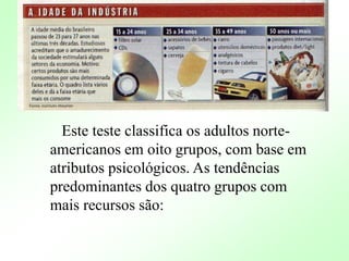 Este teste classifica os adultos norte-
americanos em oito grupos, com base em
atributos psicológicos. As tendências
predominantes dos quatro grupos com
mais recursos são:
 