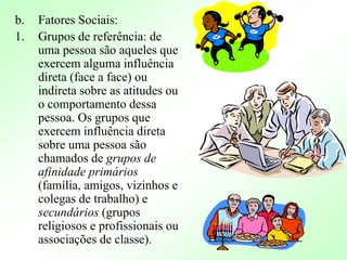 b. Fatores Sociais:
1. Grupos de referência: de
uma pessoa são aqueles que
exercem alguma influência
direta (face a face) ou
indireta sobre as atitudes ou
o comportamento dessa
pessoa. Os grupos que
exercem influência direta
sobre uma pessoa são
chamados de grupos de
afinidade primários
(família, amigos, vizinhos e
colegas de trabalho) e
secundários (grupos
religiosos e profissionais ou
associações de classe).
 