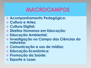    Acompanhamento Pedagógico;
   Cultura e Artes;
   Cultura Digital;
   Direitos Humanos em Educação;
   Educação Ambiental;
   Investigação no Campo das Ciências da
    natureza;
   Comunicação e uso de mídias;
   Educação Econômica;
   Promoção da Saúde;
   Esporte e Lazer.
 
