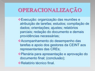 Execução: organização das reuniões e
 atribuição de tarefas; estudos; compilação de
 dados; orientações; ajustes; relatórios
 parciais; redação do documento e demais
 providências necessárias;
Acompanhamento do desempenho das
 tarefas e apoio dos gestores da CEINT aos
 representantes das CREs;
Plenária para apresentação e aprovação do
 documento final; (conclusão);
Relatório técnico final.
 