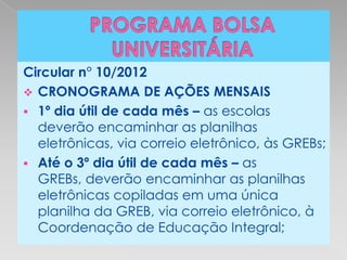 Circular n° 10/2012
 CRONOGRAMA DE AÇÕES MENSAIS
 1º dia útil de cada mês – as escolas
  deverão encaminhar as planilhas
  eletrônicas, via correio eletrônico, às GREBs;
 Até o 3º dia útil de cada mês – as
  GREBs, deverão encaminhar as planilhas
  eletrônicas copiladas em uma única
  planilha da GREB, via correio eletrônico, à
  Coordenação de Educação Integral;
 
