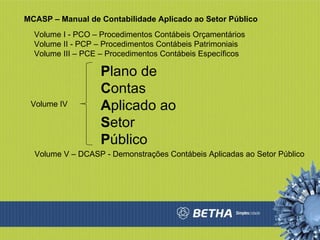 P lano de  C ontas  A plicado ao  S etor  P úblico MCASP – Manual de Contabilidade Aplicado ao Setor Público Volume I - PCO – Procedimentos Contábeis Orçamentários Volume II - PCP – Procedimentos Contábeis Patrimoniais Volume III – PCE – Procedimentos Contábeis Específicos Volume V – DCASP - Demonstrações Contábeis Aplicadas ao Setor Público Volume IV 