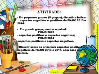 - Em pequenos grupos (5 grupos), discutir e indicar
aspectos negativos e positivos do PNAIC 2013 e
2014.
- Em grande grupo, montar o painel:
PNAIC 2013
- aspectos positivos e aspectos negativos;
PNAIC 2014
-aspectos positivos e aspectos negativos.
- Discutir sobre os principais aspectos positivos e
negativos do PNAIC 2013 e 2014, com base nos
painéis.
ATIVIDADE:
 