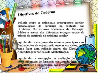 -refletir sobre os principais pressupostos teórico-
metodológicos do currículo no contexto das
Diretrizes Curriculares Nacionais da Educação
Básica e acerca dos diferentes espaços-tempos de
criação do currículo no cotidiano escolar;
-aprofundar a compreensão sobre os princípios e os
fundamentos da organização escolar em ciclos, bem
como fazer uma reflexão acerca dos Direitos de
Aprendizagem no Ciclo de Alfabetização;
-aprofundar a concepção de avaliação defendida
neste programa de formação continuada, bem como
compreender a importância das práticas avaliativas
inclusivas no currículo; *
 