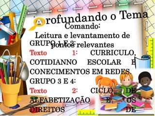 GRUPO 1 E 2:
Texto 1: CURRICULO,
COTIDIANNO ESCOLAR E
CONECIMENTOS EM REDES.
GRUPO 3 E 4:
Texto 2: CICLO DE
ALFABETIZAÇÃO E OS
DIREITOS DE
Comando:
Leitura e levantamento de
pontos relevantes
 