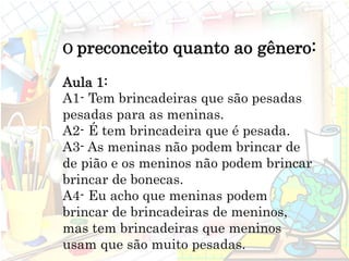 O preconceito quanto ao gênero:
Aula 1:
A1- Tem brincadeiras que são pesadas
pesadas para as meninas.
A2- É tem brincadeira que é pesada.
A3- As meninas não podem brincar de
de pião e os meninos não podem brincar
brincar de bonecas.
A4- Eu acho que meninas podem
brincar de brincadeiras de meninos,
mas tem brincadeiras que meninos
usam que são muito pesadas.
 