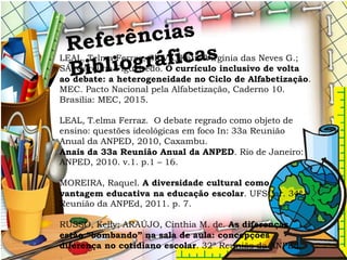 LEAL, Telma Ferraz; SILVA, Kátia Virgínia das Neves G.;
SÁ, Carolina Figueiredo. O currículo inclusivo de volta
ao debate: a heterogeneidade no Ciclo de Alfabetização.
MEC. Pacto Nacional pela Alfabetização, Caderno 10.
Brasilia: MEC, 2015.
LEAL, T.elma Ferraz. O debate regrado como objeto de
ensino: questões ideológicas em foco In: 33a Reunião
Anual da ANPED, 2010, Caxambu.
Anais da 33a Reunião Anual da ANPED. Rio de Janeiro:
ANPED, 2010. v.1. p.1 – 16.
MOREIRA, Raquel. A diversidade cultural como
vantagem educativa na educação escolar. UFSCar. 34ª
Reunião da ANPEd, 2011. p. 7.
RUSSO, Kelly; ARAÚJO, Cinthia M. de. As diferenças
estão “bombando” na sala de aula: concepções
diferença no cotidiano escolar. 32ª Reunião da ANPEd,
.
 