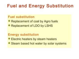 Fuel and Energy Substitution
Fuel substitution
Replacement of coal by Agro fuels
Replacement of LDO by LSHS
Energy substitution
Electric heaters by steam heaters
Steam based hot water by solar systems
 