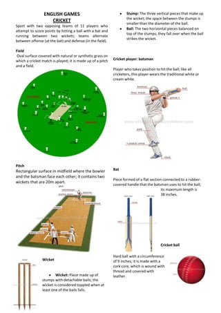 ENGLISH GAMES<br />CRICKET<br />Sport with two opposing teams of 11 players who attempt to score points by hitting a ball with a bat and running between two wickets; teams alternate between offense (at the bat) and defense (in the field).<br />Field<br /> Oval surface covered with natural or synthetic grass on which a cricket match is played; it is made up of a pitch and a field.<br />Pitch<br />Rectangular surface in midfield where the bowler and the batsman face each other; it contains two wickets that are 20m apart. <br />Wicket<br />-10223593980<br />Wicket: Piece made up of stumps with detachable bails; the wicket is considered toppled when at least one of the bails falls. <br />Stump: The three vertical pieces that make up the wicket; the space between the stumps is smaller than the diameter of the ball. <br />Bail: The two horizontal pieces balanced on top of the stumps; they fall over when the ball strikes the wicket. <br />Cricket player: batsman<br />Player who takes position to hit the ball; like all cricketers, this player wears the traditional white or cream white. <br />Bat<br />43815537210Piece formed of a flat section connected to a rubber-covered handle that the batsman uses to hit the ball; its maximum length is 38 inches. <br />Cricket ball<br />30480061595Hard ball with a circumference of 9 inches; it is made with a cork core, which is wound with thread and covered with leather. <br />Write de names of the different cricket elements:<br />Field:<br />Pitch:<br />Wicket:<br />Player:<br />Bat and ball:<br />