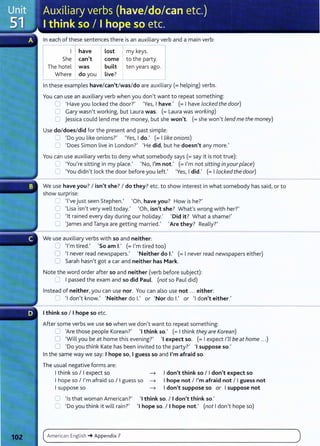 In each of these sentences there is an auxiliary verb and a main verb:
I
have lost I my keys.
She can't come to the party.
The hotel was built ten years ago.
Where do you 1 Live?
In these examples have/can't/was/do are auxiliary (=helping) verbs.
You can use an auxiliary verb when you don't want to repeat something:
0 'Have you locked the door?' 'Yes, I have.' (=I have locked the door)
=Gary wasn't working, but Laura was. (= Laura was working)
0 jessica could lend me the money, but she won't. (=she won't lend me the money)
Use do/does/did for the present and past simple:
0 'Do you like onions?' 'Yes, I do.' (=I like onions)
0 'Does Simon live in London?' 'He did, but he doesn't any more.'
You can use auxiliary verbs to deny what somebody says(= say it is not true):
0 'You're sitting in my place.' 'No, I'm not.' (=I'm not sitting inyourplace)
0 'You didn't lock the door before you left.' 'Yes, I did.' (=I locked the door)
We use have you? I isn't she? I do they? etc. to show interest in what somebody has said, or to
show surprise:
~ 'I've just seen Stephen.' 'Oh, have you? How is he?'
0 'Lisa isn't very well today.' 'Oh, isn't she? What's wrong with her?'
0 'lt rained every day during our holiday.' 'Did it? What a shame!'
0 'James and Tanya are getting married.' 'Are they? Really?'
We use auxiliary verbs with so and neither:
0 'I'm tired.' 'So am 1.' (=I'm tired too)
0 'I never read newspapers.' 'Neither do 1.' (= I never read newspapers either)
0 Sarah hasn't got a car and neither has Mark.
Note the word order after so and neither (verb before subject):
C I passed the exam and so did Paul. (not so Paul did)
Instead of neither, you can use nor. You can also use not ... either:
2 'I don't know.' 'Neither do 1.' or 'Nor do 1
.' or 'I don't either.'
I think so I I hope so etc.
After some verbs we use so when we don't want to repeat something:
0 'Are those people Korean?' 'I think so.' (= I think theyare Korean)
0 'Will you be at home this evening?' 'I expect so. (= I expect I'll beat home ...)
0 'Do you think Kate has been invited to the party?' 'I suppose so.'
In the same way we say: I hope so, I guess so and I'm afraid so.
The usual negative forms are:
I think so I I expect so ___,
I hope so I I'm afraid so I I guess so ___,
I suppose so ___,
I don't think so I I don't expect so
I hope not I I'm afraid not I I guess not
I don't suppose so or I suppose not
0 'Isthat woman American?'
(; 'Do you think it will rain ?'
'I think so. I I don't think so.'
'I hope so. I I hope not.' (not I don't hope so)
c~
A_m_e_r_
ic_
a_
n_
E_
ng
_l_
is_h_~
__
A_P_P_
e_nd_i_
x_7____________________________________________________
)
 