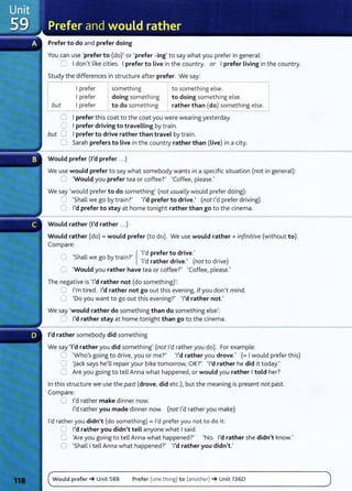 Prefer to do and prefer doing
You can use 'prefer to (do)' or 'prefer -ing' to say what you prefer in general:
0 Idon't like cities. I prefer to Live in the country. or I prefer Living in the country.
Study the differences in structure after prefer. We say:
but
I prefer
I prefer
I prefer
something
doing something
to do something
to something else.
. to doing something else.
rather than (do) something else.
0 I prefer this coat to the coat you were wearing yesterday.
0 I prefer driving to travelling by train.
but 0 I prefer to drive rather than travel by train.
0 Sarah prefers to Live in the country rather than (Live) in a city.
Would prefer (I'd prefer ... )
We use would prefer to say what somebody wants in a specific situation (not in general):
0 'Would you prefer tea or coffee?' 'Coffee, please.'
We say 'would prefer to do something' (not usually would prefer doing):
C 'Shall we go by train?' 'I'd prefer to drive.' (not I'd prefer driving)
0 I'd prefer to stay at home tonight rather than go to the cinema.
Would rather (I'd rather ...)
Would rather {do)= would prefer (to do). We use would rather+ infinitive {without to).
Compare:
0 , h ll b . 7 , { 'I'd prefer to drive.'
S a we go y tram. 'I'd h d . , ( d . )
rat er nve. not to nve
0 'Would you rather have tea or coffee?' 'Coffee, please.'
The negative is 'I'd rather not (do somethingf:
0 I'm tired. I'd rather not go out this evening, if you don't mind.
0 'Do you want to go out this eveningt 'I'd rather not.'
We say 'would rather do something than do something else':
0 I'd rather stay at home tonight than go to the cinema.
I'd rather somebody did something
We say 'I'd rather you did something' (not I'd rather you do). For example:
0 'Who's going to drive, you or me?' 'I'd rather you drove.' (= Iwould prefer this)
0 'Jack says he'll repair your bike tomorrow, OK?' 'I'd rather he did it today.'
0 Are you going to tell Anna what happened, or would you rather Itold her?
In this structure we use the past {drove, did etc.), but the meaning is present not past.
Compare:
0 I'd rather make dinner now.
I'd rather you made dinner now. (not I'd rather you make)
I'd rather you didn't (do something) = I'd prefer you not to do it:
0 I'd rather you didn't tell anyone what Isaid.
0 'Are you going to tell Anna what happened?' 'No. I'd rather she didn't know.'
0 'Shall Itell Anna what happened?' 'I'd rather you didn't.'
Would prefer_. Unit 58B Prefer (one thing) to (another) ... Unit 1360
 