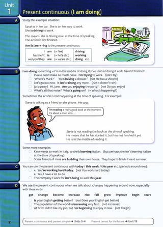 Study this example situation:
Sarah is in her car. She is on her way to work.
She is driving to work.
This means: she is driving now, at the time of speaking.
The action is not finished.
Am/is/are+ -ing is the present continuous:
am (=I'm)
he/she/it is (=he's etc.)
we/you/they are (=we're etc.)
driving
working
doing etc.
I am doing something= I'm in the middle of doing it; I've started doing it and I haven't finished:
=Please don't make so much noise. I'm trying to work. (not I try)
0 'Where's Mark?' 'He's having a shower.' (not He has a shower)
0 Let's go out now. lt isn't raining any more. (not lt doesn't rain)
0 (at aparty) Hi, jane. Are you enjoying the party? (not Do you enjoy)
C What's all that noise? What's going on? (=What's happening?}
Sometimes the action is not happening at the time of speaking. For example:
Steve is talking to a friend on the phone. He says:
I'm reading a really good book at the moment.
it's about a man who ...
Steve is not reading the book at the t ime of speaking.
He means that he has started it, but has not finished it yet.
He is in the middle of reading it.
Some more examples:
0 Kate wants to work in Italy, so she's Learning Italian. (but perhaps she isn't learning Italian
at the time of speaking)
0 Some friends of mine are building their own house. They hope to finish it next summer.
You can use the present continuous with today I this week I this year etc. (periods around now}:
0 A: You're working hard today. (not You work hard today)
s: Yes, I have a lot to do.
C The company I work for isn't doing so well this year.
We use the present continuous when we talk about changes happening around now, especially
with these verbs:
get change become increase rise fall grow improve
0 Is your English getting better? (not Does your English get better)
0 The population of the world is increasing very fast. (not increases)
C At first I didn't like my job, but I'm beginning to enj oy it now. (not I begin}
begin start
Present continuous and present simple -+ Units 3-4 Present tenses for the future -+ Unit 19
 