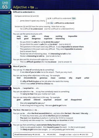 Difficult to understand etc.
Compare sentences (a) and (b):
{
(a) lt is difficult to understand him
0 James doesn't speak very clearly. r- --
(b) He is difficult to understand.
Sentences (a) and (b) have the same meaning. Note that we say:
0 He is difficult to understand. (not He is difficult to understand him.)
You can use the same structures with:
easy nice safe cheap exciting
interesting
impossible
hard good dangerous expensive
C Do you think it is safe (for us) to drink this water?
Do you think this water is safe (for us) to drink? (not to drink it)
0 The questions in the exam were very difficult. lt was impossible to answer them.
The questions in the exam were very difficult. They were impossible to answer.
(not to answer them)
0 Nicola has lots of interesting ideas. lt's interesting to talk to her.
Nicola is interesting to talk to. (not to talk to her.)
You can also use this structure with adjective+ noun:
0 This is a difficult question (for me) to answer. (not to answer it)
Nice of (you) to ...
You can say 'lt's nice of somebody to do something':
0 lt was nice of you to take me to the airport. Thank you very much.
You can use many other adjectives in this way. For example:
kind (in)considerate generous mean careless silly
0 lt's silly of Ruth to give up her job when she needs the money.
0 Ithink it was unfair of him to criticise me.
Sorry to ... I surprised to ... etc.
You can use adjective+ to ... to say how somebody reacts to something:
0 I'm sorry to hear that your mother isn't well.
You can use many other adjectives in this way. For example:
stupid
glad pleased relieved surprised amazed sad disappointed
C Was Julia surprised to see you?
0 lt was a long and tiring journey. We were glad to get home.
The first I the next (etc.)+ to ...
unfair
You can use to ... after the first/second/third etc., and also after the last I the next I the only ... :
0 If I have any more news, you will be the first (person) to know.
0 The next train to arrive at platform 4 will be the 10.50 to Liverpool.
0 Everybody was late except me. Iwas the only one to arrive on time.
You can say that something is sure/certain/likely/bound to happen:
0 Carla is a very good student. She's bound to pass the exam. (= she is sure to pass)
0 I'm likely to get home late tonight. (= Iwill probably get home late)
Afraid/interested/sorry_,. Unit 66 lt ... _,.Unit 84C Enough and too + adject ive _,. Unit 103
 