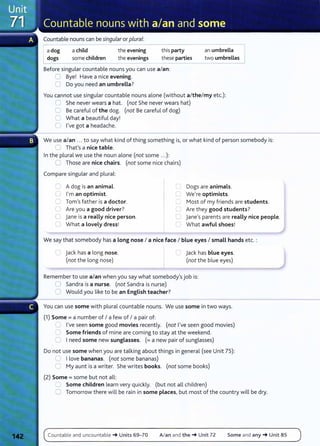 Countable nouns can be singular or plural:
a dog
1 dogs
a child
some children
the evening
the evenings
this party
these parties
an umbrella
two umbrellas
Before singular countable nouns you can use a/an:
0 Bye! Have a nice evening.
0 Do you need an umbrella?
You cannot use singular countable nouns alone (without a/the/ my etc.):
G She never wears a hat. (not She never wears hat)
0 Be careful of the dog. (not Be careful of dog)
C What a beautiful day!
0 I've got a headache.
We use a/an ... to say what kind of thing something is, or what kind of person somebody is:
0 Thafs a nice table.
In the plural we use the noun alone (not some .. .):
0 Those are nice chairs. (not some nice chairs)
Compare singular and plural:
C A dog is an animal.
C I'm an optimist.
C Tom's father is a doctor.
C Are you a good driver?
C jane is a really nice person.
C What a lovely dress!
Dogs are animals.
C We're optimists.
L...; Most of my friends are students.
..___ Are t hey good students?
C jane's parents are really nice people.
C What awful shoes!
We say that somebody has a long nose I a nice face I blue eyes I small hands etc. :
C jack has a long nose.
(not the long nose)
n jack has blue eyes.
(not the blue eyes)
Remember to use a/an when you say what somebody's job is:
0 Sandra is a nurse. (not Sandra is nurse)
0 Would you like to be an English teacher?
You can use some with plural countable nouns. We use some in two ways.
(1) Some = a number of I a few of I a pair of:
L.J I've seen some good movies recent ly. (not I've seen good movies)
0 Some friends of mine are coming to stay at the weekend.
0 I need some new sunglasses. (= a new pair of sunglasses)
Do not use some when you are talking about things in general (see Unit 75):
0 I love bananas. (not some bananas)
C My aunt is a writer. She writes books. (not some books)
(2) Some = some but not all:
-......) Some children learn very quickly. (but not all children)
0 Tomorrow there will be rain in some places, but most of the country will be dry.
Countable and uncountable -+ Units 69- 70 A/ an and t he -+ Unit 72 Some and any-+ Unit 85
 